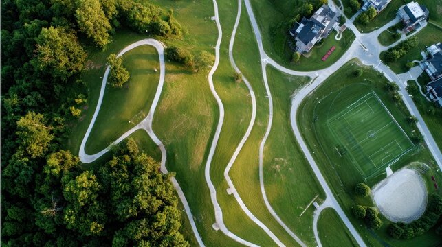 Aerial view of winding paths, green spaces, and homes