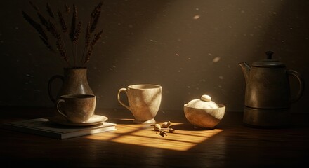 Cozy morning coffee scene with warm sunlight filtering through, creating a serene and inviting atmosphere for a perfect start to the day