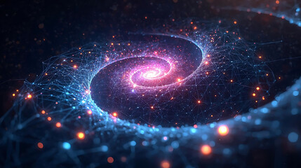 Abstract spiral galaxy art with interconnected nodes and glowing particles in a dark space backdrop