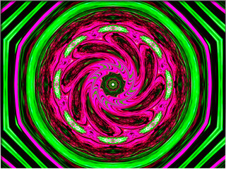 A mesmerizing mandala features bold, swirling patterns in vivid green and magenta hues. The design radiates from the center, creating a hypnotic and symmetrical visual effect. Intricately layered