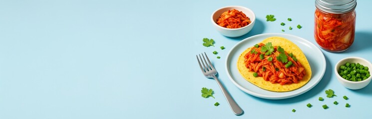 Korean kimchi taco with cilantro and scallions on plate, surrounded by ingredients, on light blue background with copy space for food banner. Ai generative