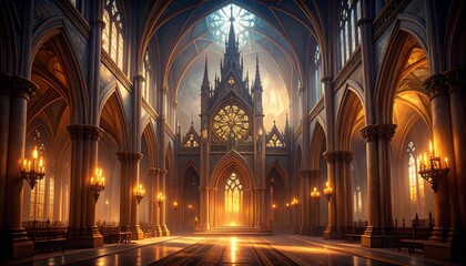 Fototapeta premium Magnificent gothic cathedral interior illuminated by warm light from windows