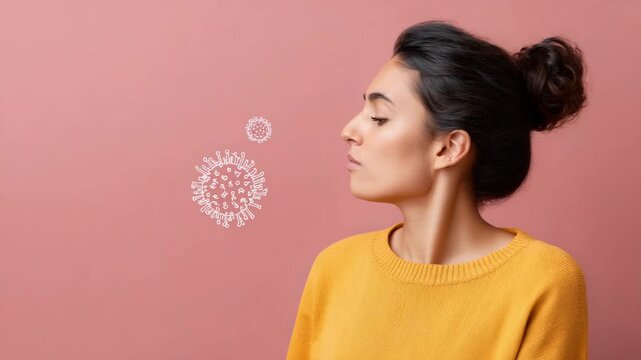 Montage of a young woman blowing her nose with a tissue and then turning her face away from a virus drawing on a pink background, symbolizing illness and virus avoidance