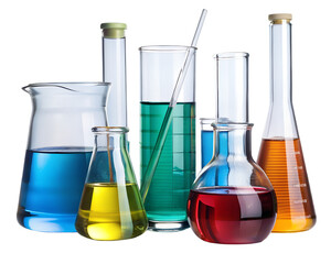 Various laboratory glassware filled with colorful liquids isolated on transparent background
