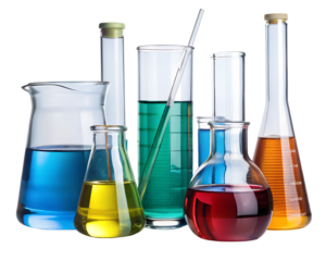Various laboratory glassware filled with colorful liquids isolated on transparent background