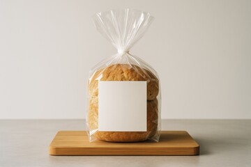 Clear plastic bread packaging mockup with blank white label on wooden board against light background for branding or product presentation layout. Ai generative