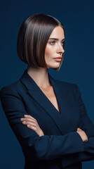 Confident woman with sleek bob hairstyle wearing modern dark blazer posing with crossed arms against dark blue background, expressing professionalism and elegance