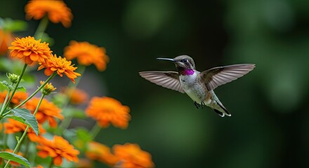 Fototapeta premium Elegant hummingbird in swift flight, wings a vibrant blur, approaches cheerful orange blossoms in a sunlit garden, a delicate and captivating display of nature's beauty and wonder
