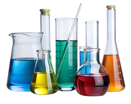 Various laboratory glassware filled with colorful liquids isolated on transparent background