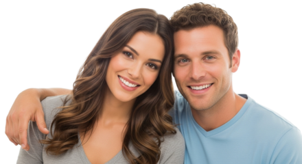 Happy young couple smiling and looking at the camera isolated on transparent background they are in love and enjoying life