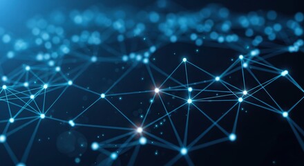 Abstract glowing blue network grid with connected luminous nodes and lines representing data flow