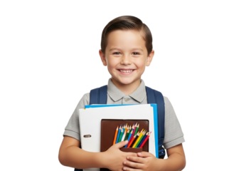 Smiling schoolboy with backpack isolated on transparent background holding books and pencil case ready for school education
