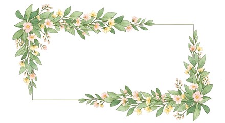 Watercolor floral frame with greenery and delicate flowers for wedding invitations and stationery designs