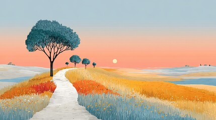 Abstract colorful landscape painting Serene Landscape with a Winding Pathway, Vibrant Fields of Colorful Flowers, and a Soft Sunset in the Background featuring elegant details, smooth gradients