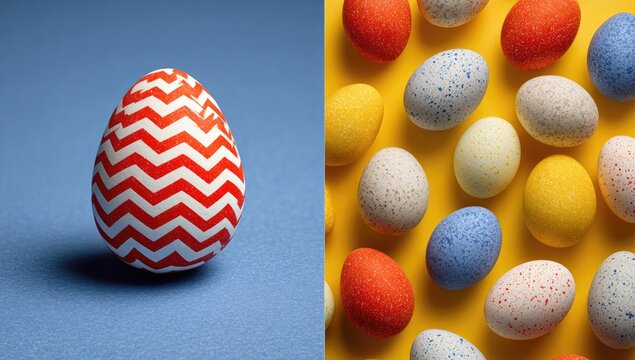 Two halves of an Easter egg display.  One, a single red-and-white chevron egg on a blue background.