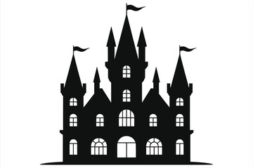 Obraz premium Elegant castle-like hotel silhouette with multiple towers and turrets, featuring arched windows and flags, perfect for fantasy, medieval architecture, luxury accommodation, fairy tale, and historic de