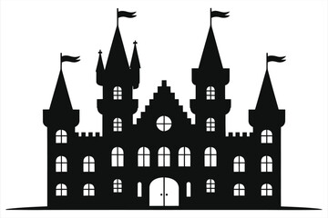 Fototapeta premium Majestic Castle-Style Hotel Silhouette Featuring Grand Towers, Turrets, Flags and Arched Windows on White Background – Medieval Luxury Resort Architecture Icon for Tourism, Travel, Hospitality, Arch. 