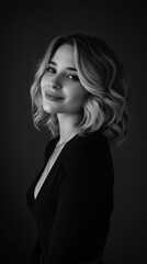 Elegant woman portrait with wavy hair smiling softly in monochrome style, showing confident and gentle expression in studio lighting
