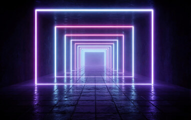 Neon light frames creating a futuristic and endless tunnel effect