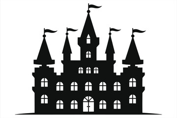 Obraz premium Black castle silhouette vector icon. Fairytale fantasy palace with towers and flags. Medieval fortress illustration isolated on white background for logo design.