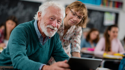 Senior student using digital tablet in classroom with teacher support