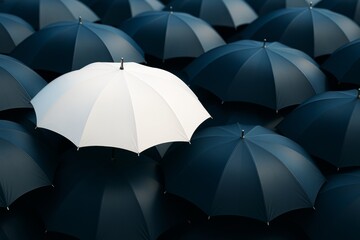 Obraz premium One white umbrella standing out among many dark blue umbrellas, symbolizing uniqueness and individuality in a minimalist graphic style concept.
