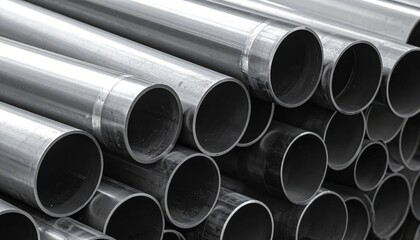 Close-up View of Industrial Steel Pipes in Stockpile Arrangement