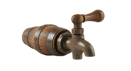 Antique wooden barrel with a tap, isolated on transparent background, perfect for dispensing drinks or adding a rustic touch to your home decor