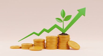 3D render illustrating financial investment growth with a rising arrow graph and a green plant sprouting from a stack of gold coins