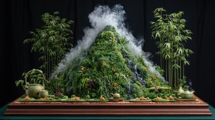 A sculpted mountain, lush with plants, smoke, and teaware
