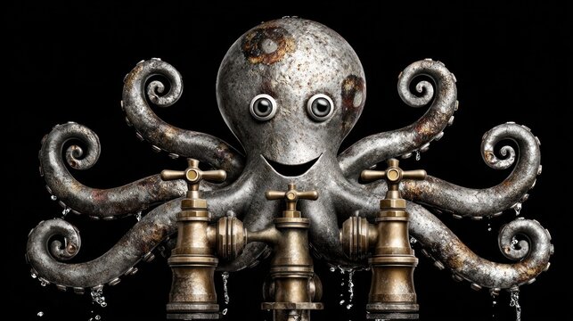 Rusty octopus with water faucets