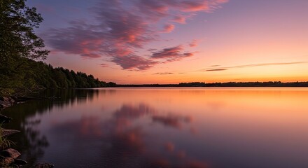 Lake Reflections at Dusk Serene Sunset Over Still Waters