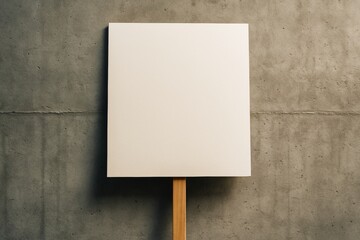 Minimalist blank square sign mockup with wooden stick against concrete wall background for design presentation or branding display concept. Ai generative