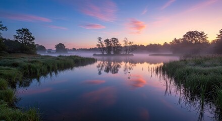 Obraz premium Serene Sunrise over Misty Lake and Island