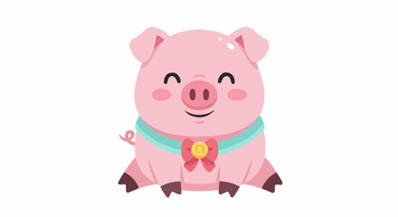 Cute cartoon pig wearing a teal scarf sitting and smiling on white background