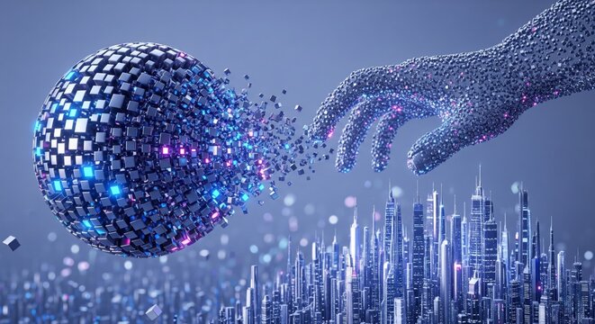 Futuristic 3D animation of programmable matter with glowing spheres floating in a sci-fi city, symbolizing nanotechnology, AI, and quantum digital innovation.
