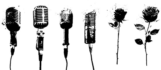 Obraz na płótnie Canvas Vintage microphone and rose silhouette set in grunge style for artistic designs