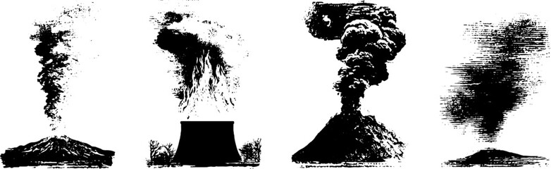 Grunge black and white volcano eruption illustrations for unique urban designs