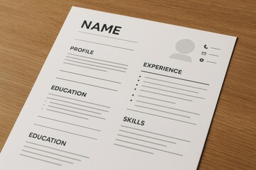 Clean and minimalistic resume template on wooden surface with profile, experience, education, and skills sections clearly visible. Ai generative