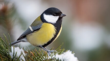 Close-up of a great tit perched on a pine branch.
