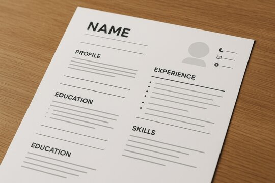 Clean and minimalistic resume template on wooden surface with profile, experience, education, and skills sections clearly visible. Ai generative