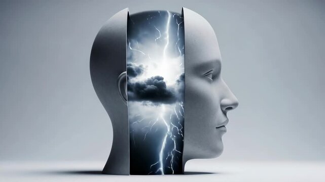 Brainstorm: Split head, storm inside, gray tones, mental health concept