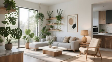 Modern Living Room with Natural Light and Indoor Plants in a Peaceful Setting