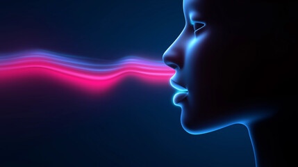 Obraz premium Abstract female face with vibrant sound wave line passing through on black background. 