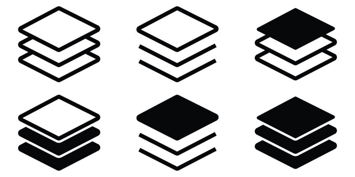 Stacked Layers Icons Set – Flat and Outline Layer Symbols for Design, Layout, Levels, and Surface Technology