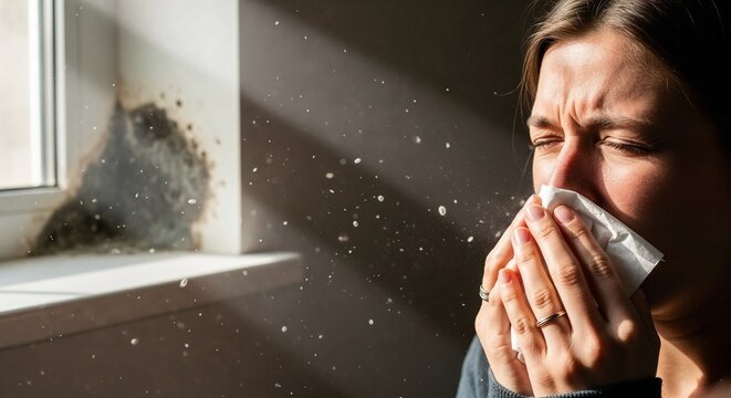 Woman sneezing while holding tissue by window with mold in sunlight