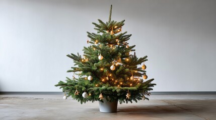 A single, perfectly symmetrical Christmas tree with only white lights and a few simple, geometric ornaments against a clean, white wall