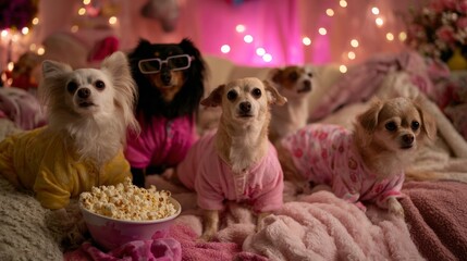 Naklejka na ściany i meble Group of small dogs in pajamas watching movie night with popcorn