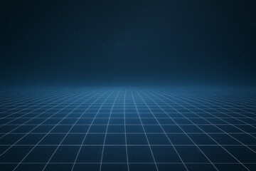Futuristic grid floor with glowing lines under starry sky on dark blue background, ideal for tech, sci-fi, or digital concepts copyspace. Ai generative