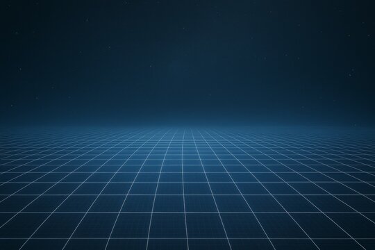 Futuristic grid floor with glowing lines under starry sky on dark blue background, ideal for tech, sci-fi, or digital concepts copyspace. Ai generative